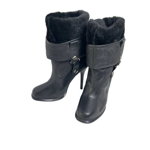 Velika Corinna Faux Fur Fold Over Stiletto Leather Boots Black Women’s Size 7.5 - Picture 3 of 10